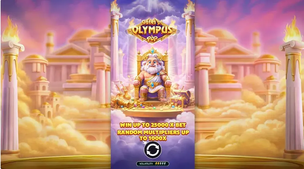 Gates of Olympus POP game card with Zeus and the game logo